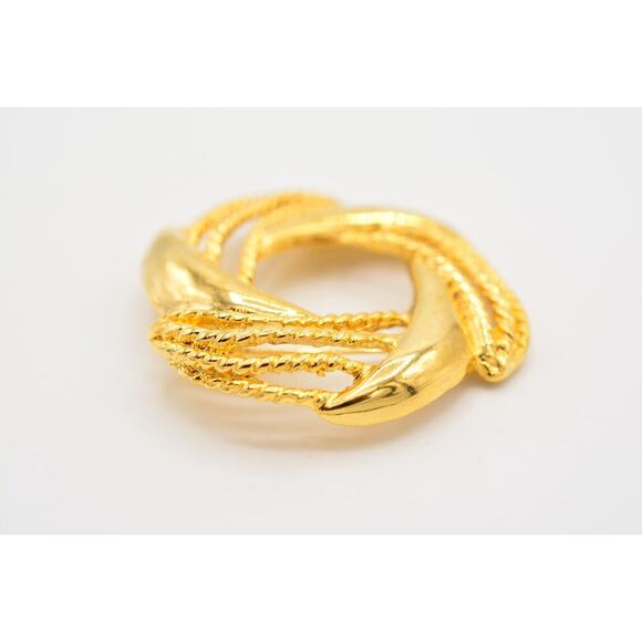 Vintage Round Pin Brooch Wreath Shiny Yellow Gold Tone Chunky Retro 1980s BinAC - Picture 7 of 12